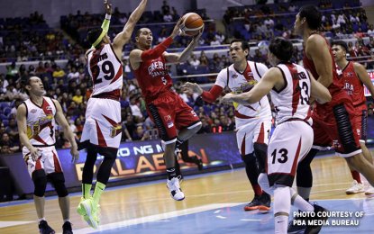 <p>San Miguel completed a rally from 15 points down to turn back Ginebra in overtime, 104-102, in Game 2 of their series at the Smart Araneta Coliseum in Quezon City on Sunday night<em>. (Photo courtesy of PBA Media Bureau)</em></p>